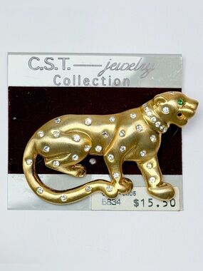 Vintage C.S.T. Panther Brooch Gold Tone Rhinestone Leopard Pin New Old Stock
